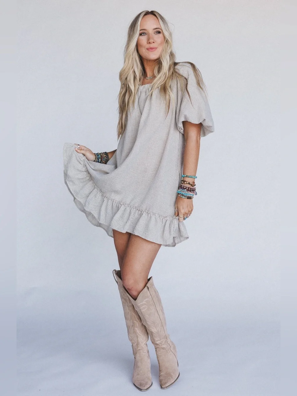 Three Bird Nest Solace Ruffled Hem Dress Beige Striped Puff Sleeve Boho Small - Picture 4 of 12
